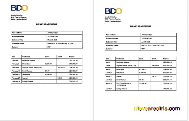 Philippines BDO Bank account statement Word and PDF, 2 pages